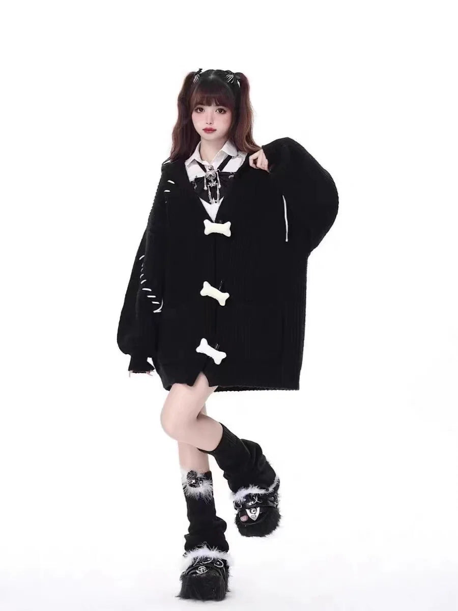 Dark Gray Y2K Retro Bone Print Hooded Sweater