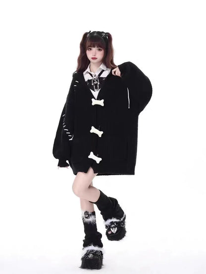 Dark Gray Y2K Retro Bone Print Hooded Sweater