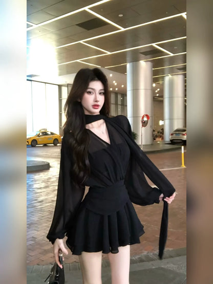 French Black Ribbon Chiffon Long-Sleeve Waist-Cinched A-Line Summer Mini Dress
