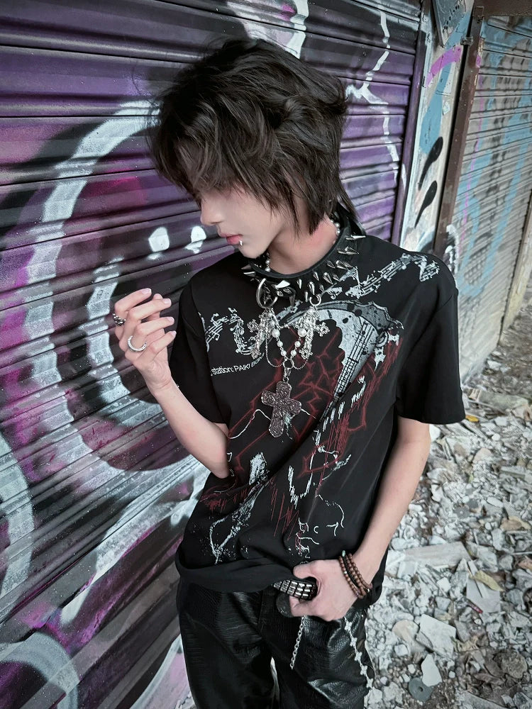 Y2K Subculture Black Polo Tee Punk Visual Kei Top