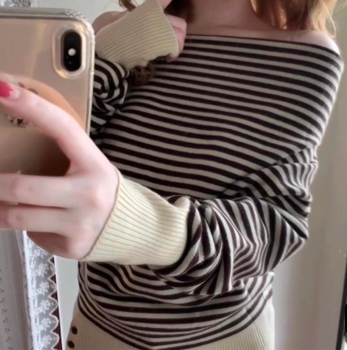 Korean Striped Off Shoulder Sweater