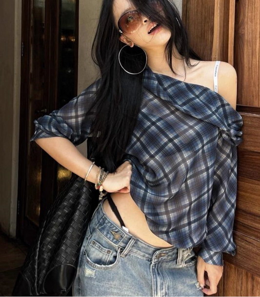 Retro Plaid Off Shoulder Shirt
