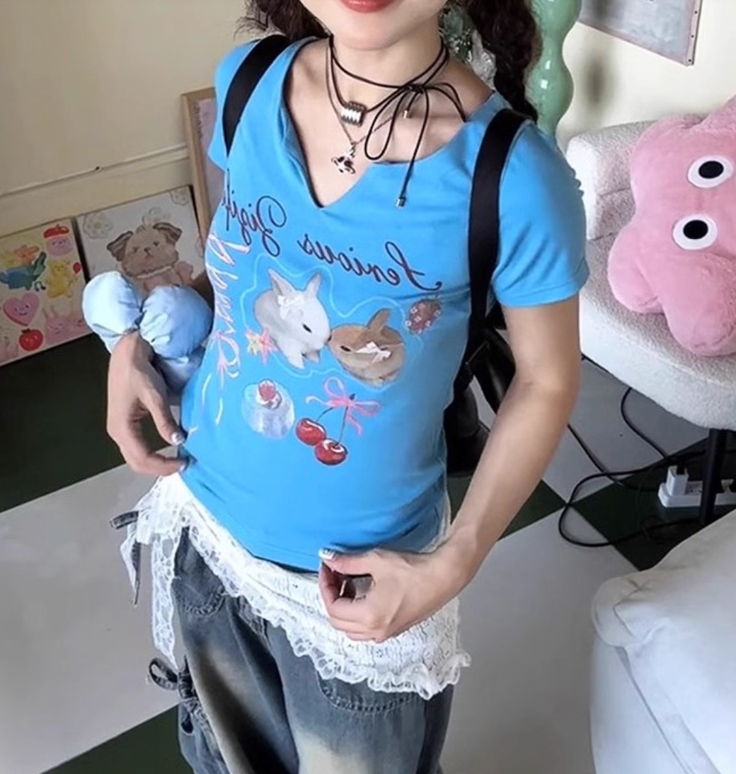Vintage V Neck Rabbit Print Tee