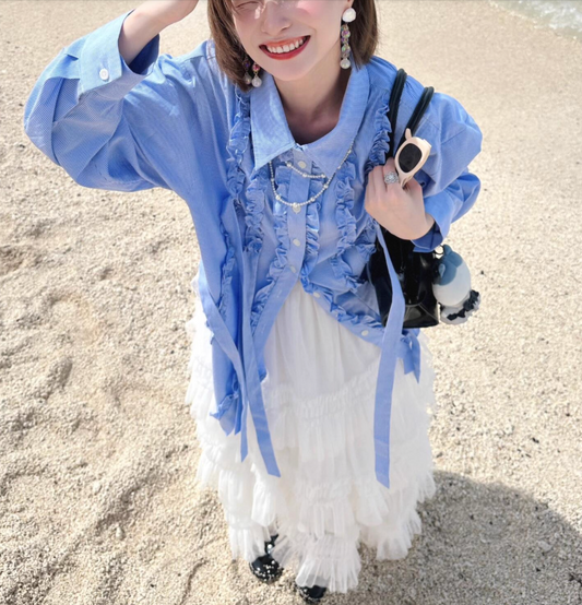 Blue Striped Ruffle Overshirt