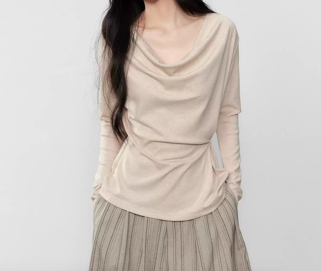 High-Intellect Drape Neck Button Slim Long Sleeve Top