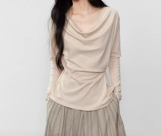 High-Intellect Drape Neck Button Slim Long Sleeve Top