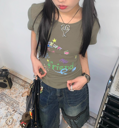 Vintage Cotton Crew Neck Short Sleeve Top