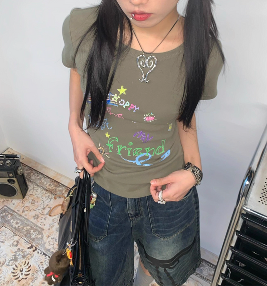 Vintage Cotton Crew Neck Short Sleeve Top