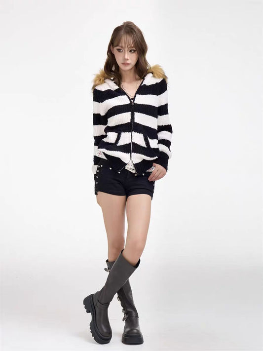 Striped Fur Collar Knit Hoodie Women