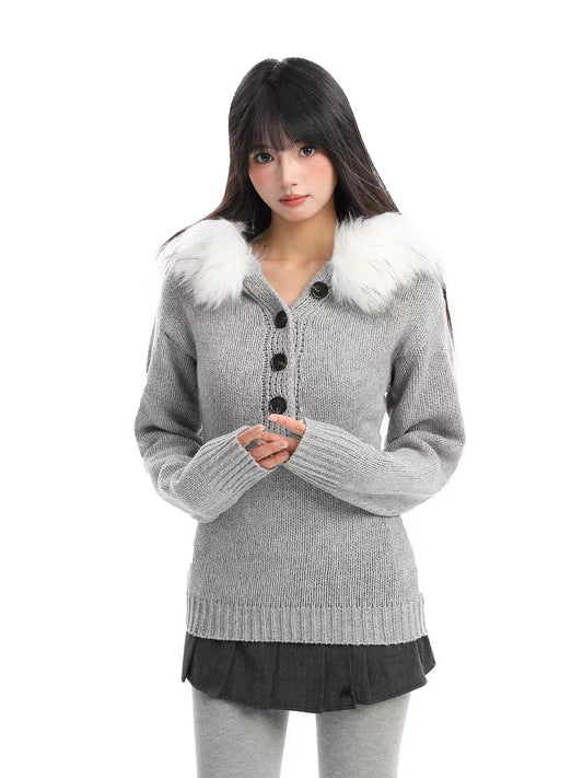 Henley Knit Hoodie with Detachable Fur Collar