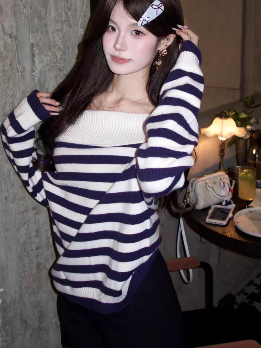 Korean Striped Collar Off-Shoulder Knit