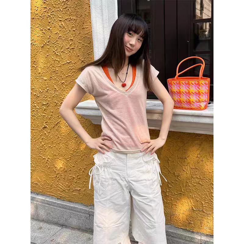 Oatmeal V-Neck Cap Sleeve Tee Set