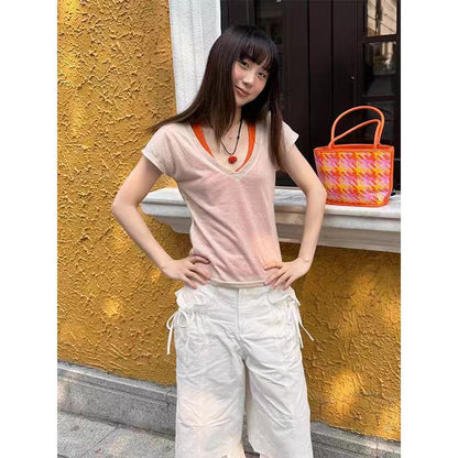 Oatmeal V-Neck Cap Sleeve Tee Set