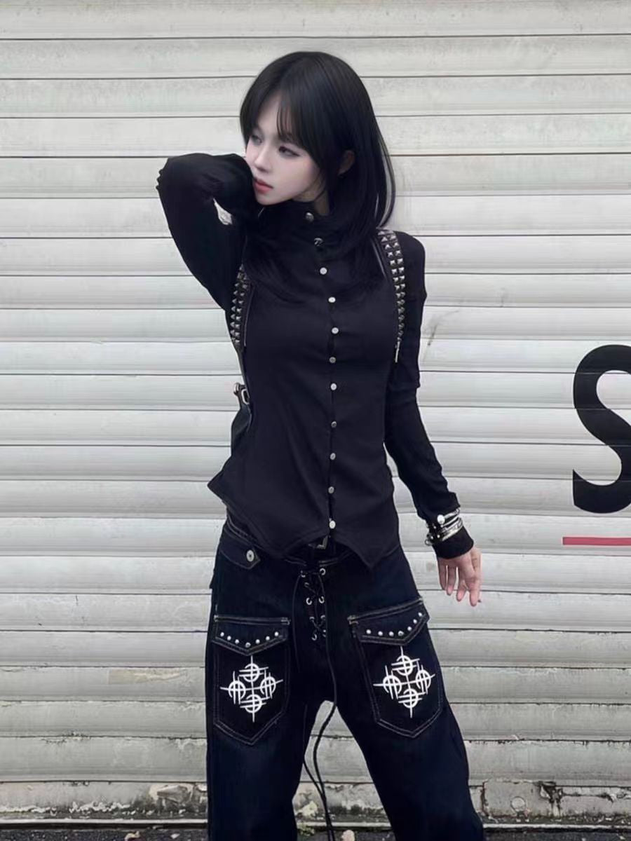 Vintage Black Stand Collar Cardigan