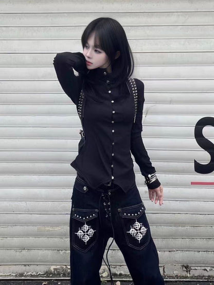 Vintage Black Stand Collar Cardigan