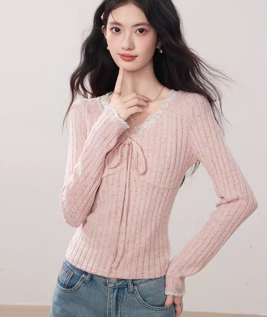 Lace V-Neck Knit Top