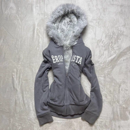 Winter Grey Letter Fur Hoodie Y2K Hoodie