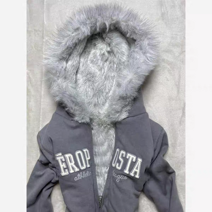 Winter Grey Letter Fur Hoodie Y2K Hoodie