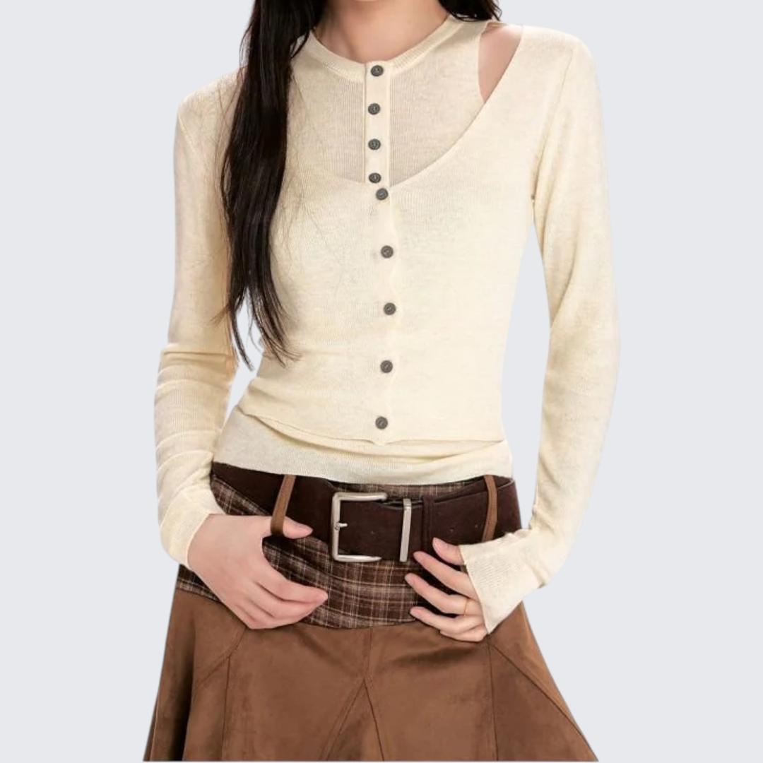 Apricot Fake Two-Piece Long-Sleeve Knitted Sweater For Women - Spring & Autumn