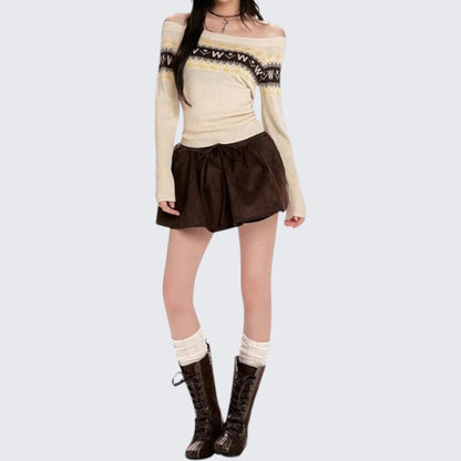 Apricot One - Shoulder Long - Sleeve Knitted Sweater For Women - Spring & Autumn - tutufox - 