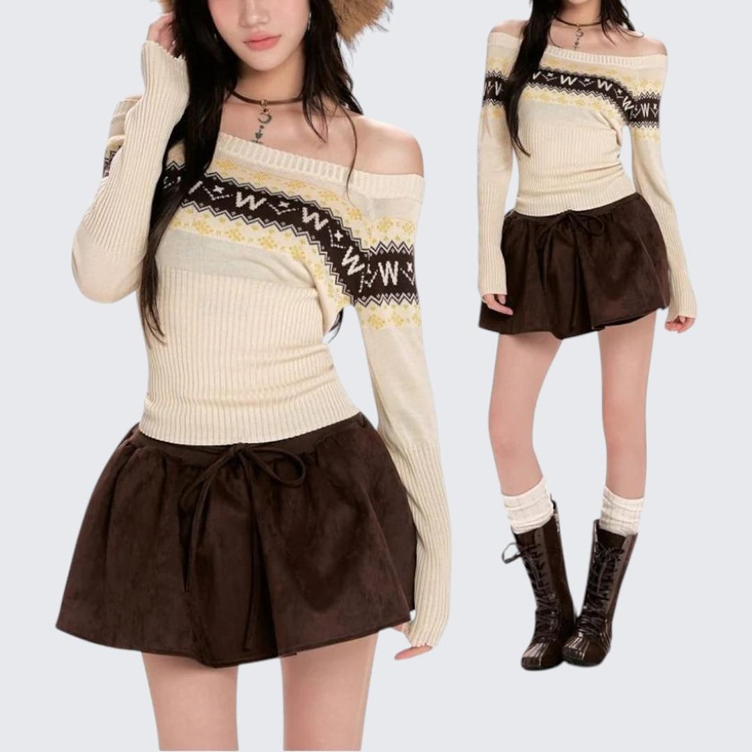 Apricot One - Shoulder Long - Sleeve Knitted Sweater For Women - Spring & Autumn - tutufox - 