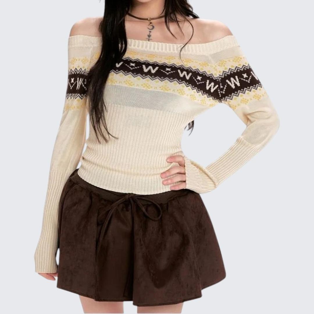 Apricot One - Shoulder Long - Sleeve Knitted Sweater For Women - Spring & Autumn - tutufox - 