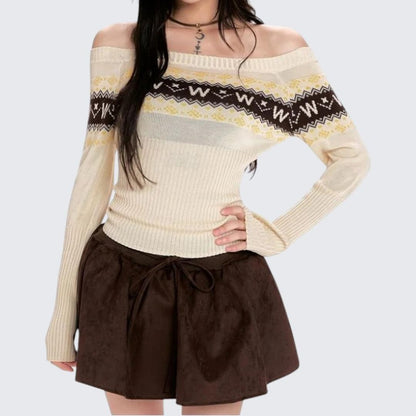 Apricot One - Shoulder Long - Sleeve Knitted Sweater For Women - Spring & Autumn - tutufox - 
