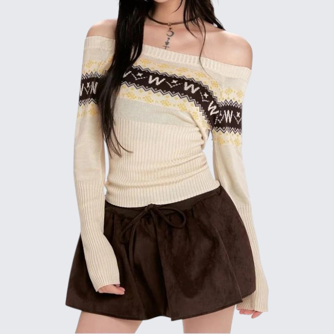 Apricot One - Shoulder Long - Sleeve Knitted Sweater For Women - Spring & Autumn - tutufox - 