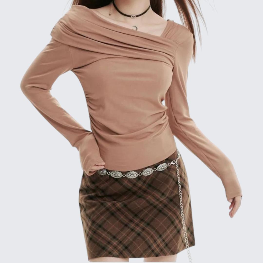 Autumn Korean-Style One-Shoulder Long-Sleeve T-Shirt