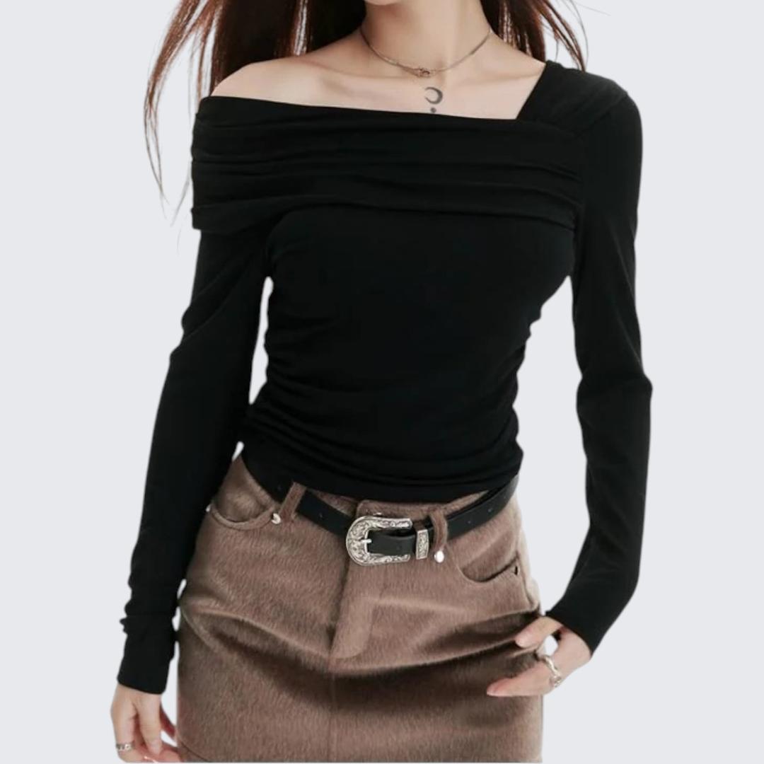 Autumn Korean-Style One-Shoulder Long-Sleeve T-Shirt