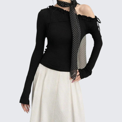 Autumn Soft & Sexy Bow Ruffle Slant - Shoulder Asymmetrical Long - Sleeve Knit Top - tutufox - 