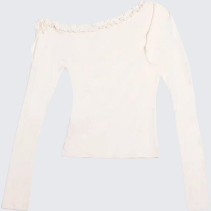 Autumn Soft & Sexy Bow Ruffle Slant - Shoulder Asymmetrical Long - Sleeve Knit Top - tutufox - 