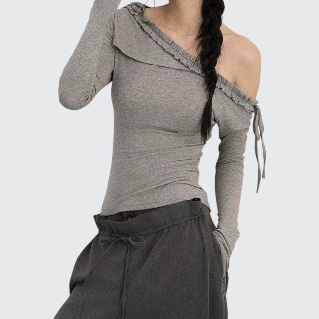 Autumn Soft & Sexy Bow Ruffle Slant - Shoulder Asymmetrical Long - Sleeve Knit Top - tutufox - 