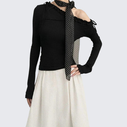 Autumn Soft & Sexy Bow Ruffle Slant - Shoulder Asymmetrical Long - Sleeve Knit Top - tutufox - 