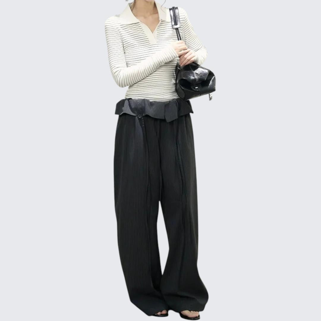 Autumn V - Neck Polo Style Black & White Stripe Fitted Long - Sleeve T-Shirt - tutufox - 