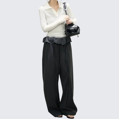 Autumn V - Neck Polo Style Black & White Stripe Fitted Long - Sleeve T-Shirt - tutufox - 