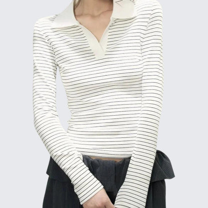 Autumn V - Neck Polo Style Black & White Stripe Fitted Long - Sleeve T-Shirt - tutufox - 