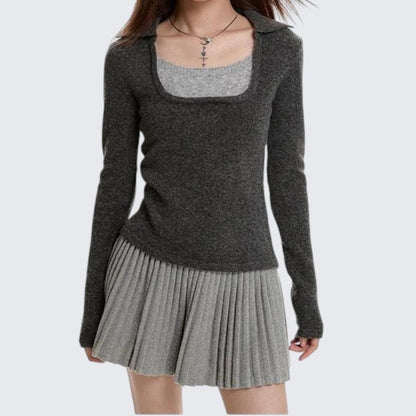 Autumn & Winter Fake Two - Piece Contrast Long - Sleeve Sweater - tutufox - 