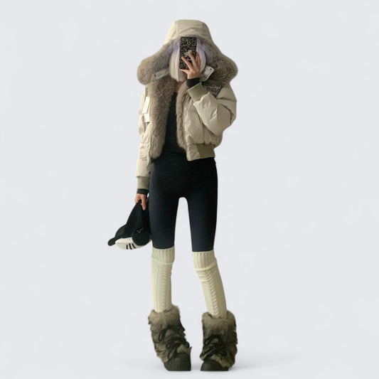 Beige Fur Collar Puffer Jacket with Black Top and Pants Y2K 3 - Piece Set - tutufox - 