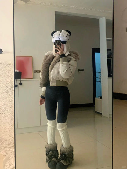 Beige Fur Collar Puffer Jacket with Black Top and Pants Y2K 3 - Piece Set - tutufox - 
