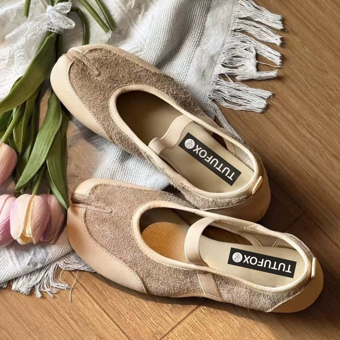 Beige Sporty Ballerina Split Toe Flats Tabi - tutufox - tabis