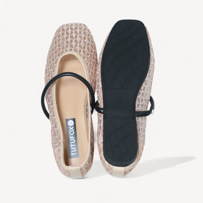 Beige Woven Mesh Strap Almond Toe Flats - tutufox - shoes