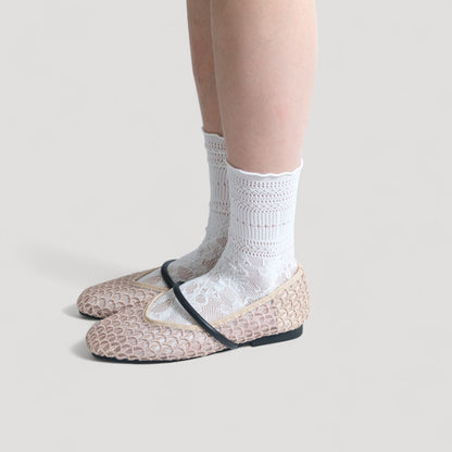 Beige Woven Mesh Strap Almond Toe Flats - tutufox - shoes