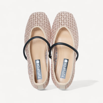 Beige Woven Mesh Strap Almond Toe Flats - tutufox - shoes