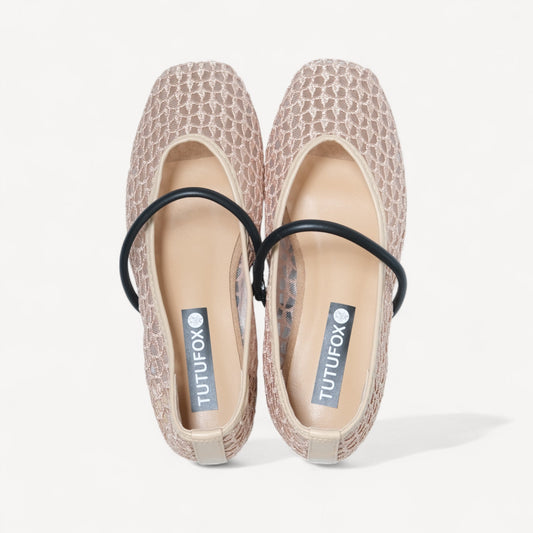 Beige Woven Mesh Strap Almond Toe Flats - tutufox - shoes
