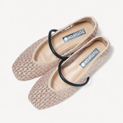 Beige Woven Mesh Strap Almond Toe Flats - tutufox - shoes
