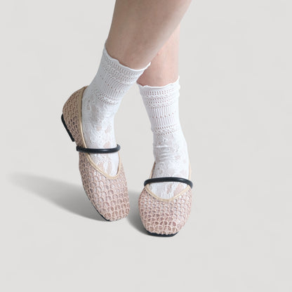 Beige Woven Mesh Strap Almond Toe Flats - tutufox - shoes