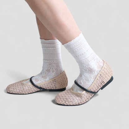 Beige Woven Mesh Strap Almond Toe Flats - tutufox - shoes