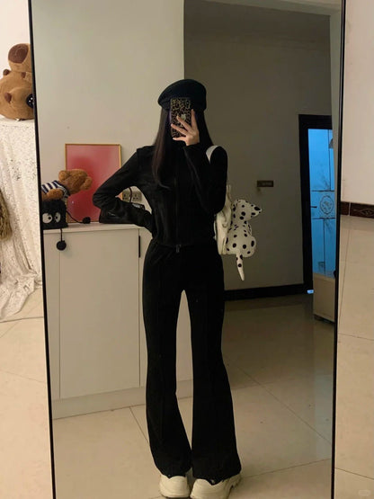 Black Cropped Jacket and Flared Pants Y2K Outfit - tutufox - 