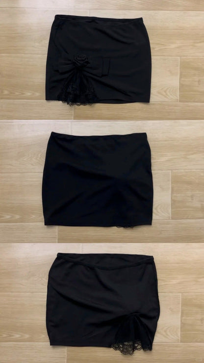 Black Fur - Detail Long Sleeve Top with Black Lace Mini Skirt Y2K Outfit - tutufox - 